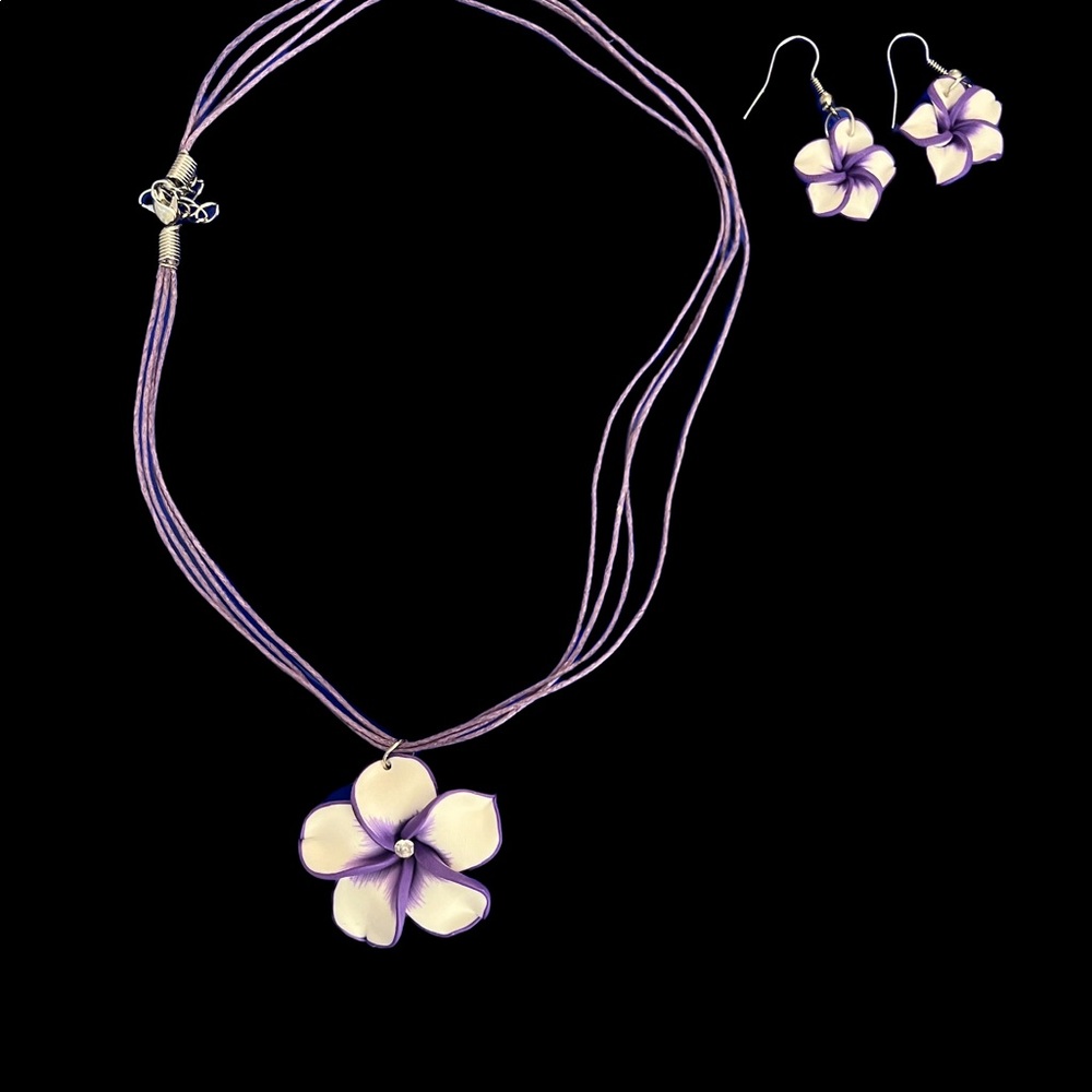 PURPLE AND WHITE CLAY FLORAL NECKLACE AND EARRING SET